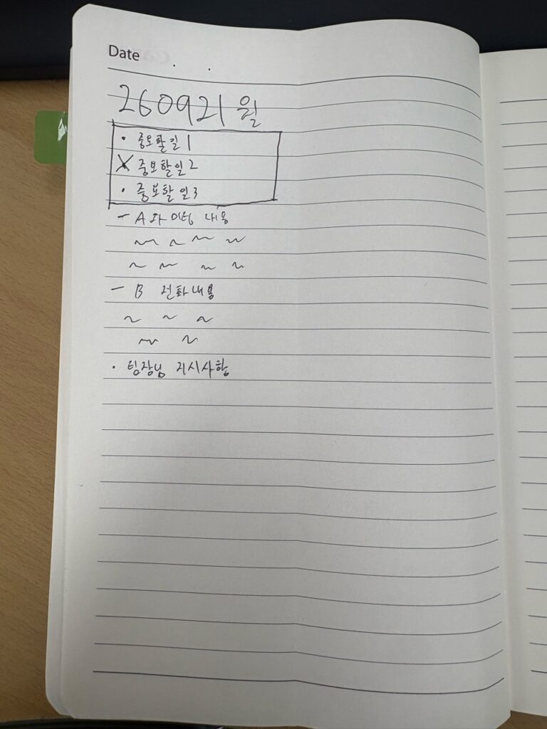 A bullet journal daily log page with a box at the top holding the three tasks to finish today, and the rest of the day's tasks below.